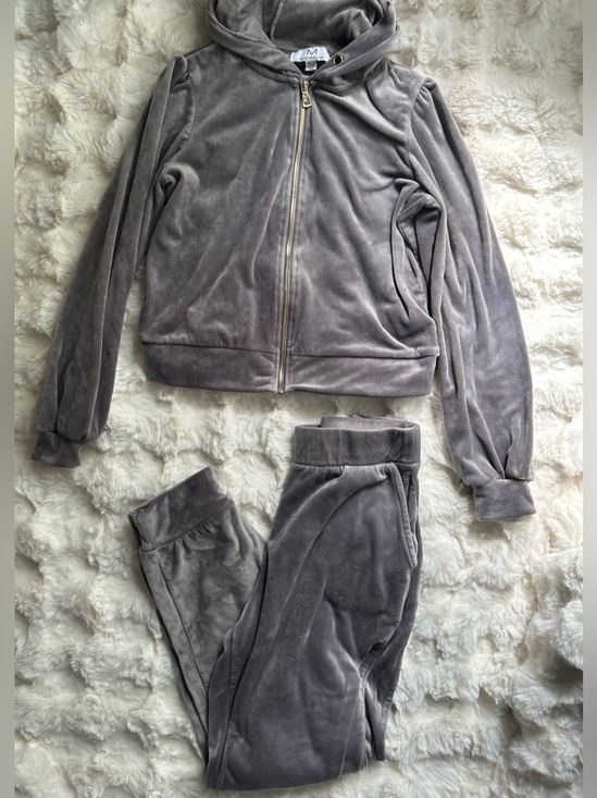 Dolls Kill Pants - Two Piece Set- Gray Velour Zip Jacket with Wide-Leg Pants- Women’s